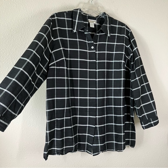 COLDWATER CREEK Silk Blouse Button Up Top Black Windowpane Plaid Lightweight 2X - Picture 1 of 10